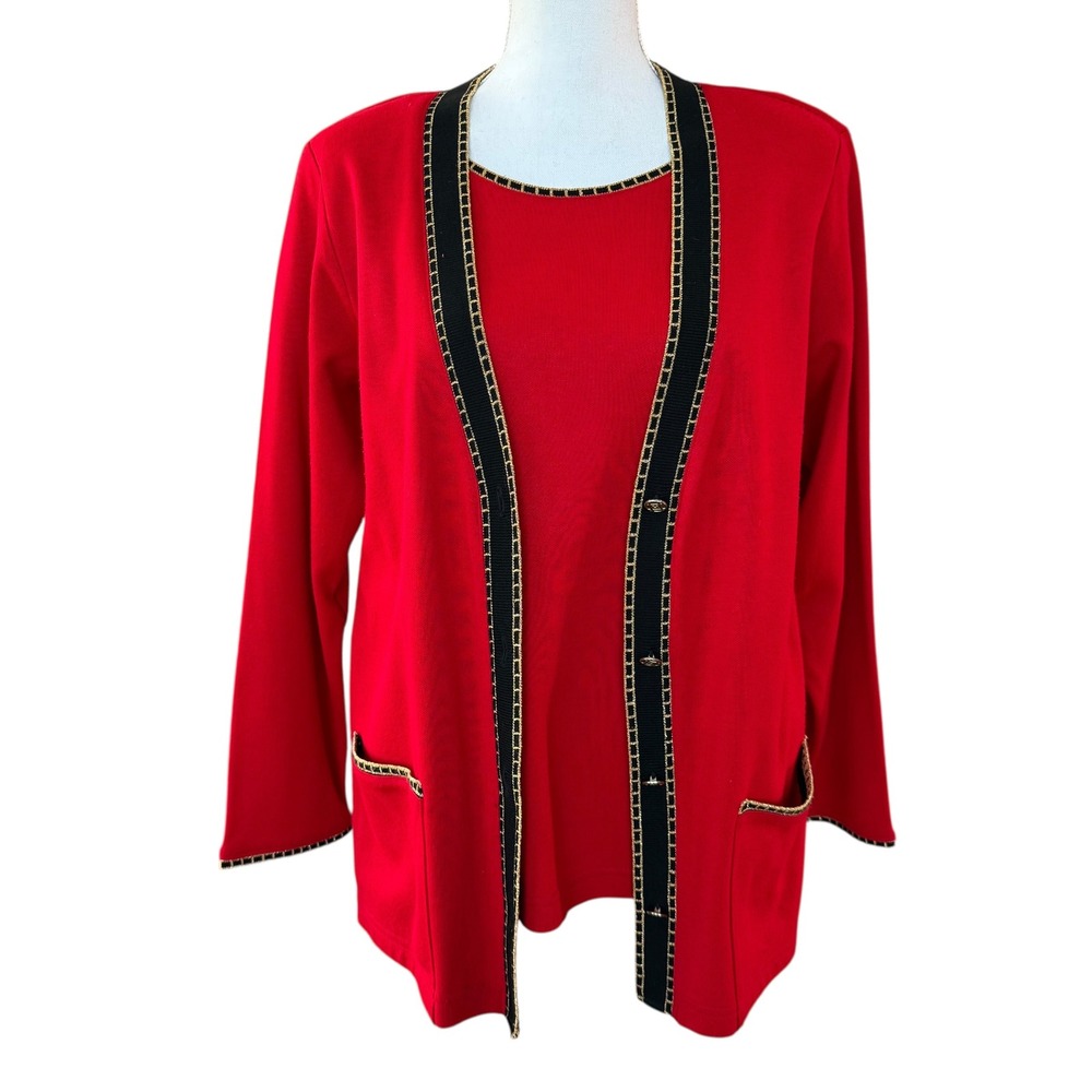 Eccobay Red Black Gold Trimmed Cardigan Sweater Set Women's‎ Medium